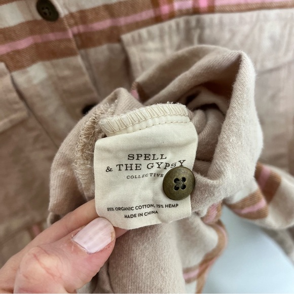 Spell & The Gypsy Basecamp Flannel Musk Cotton Hemp Plaid Button Down Shirt Med - Picture 9 of 11